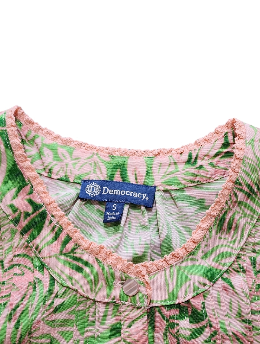 Democracy Leaf Print Lantern Sleeves Stand Collar Pintuck Front Woven Top Size S - Picture 3 of 10